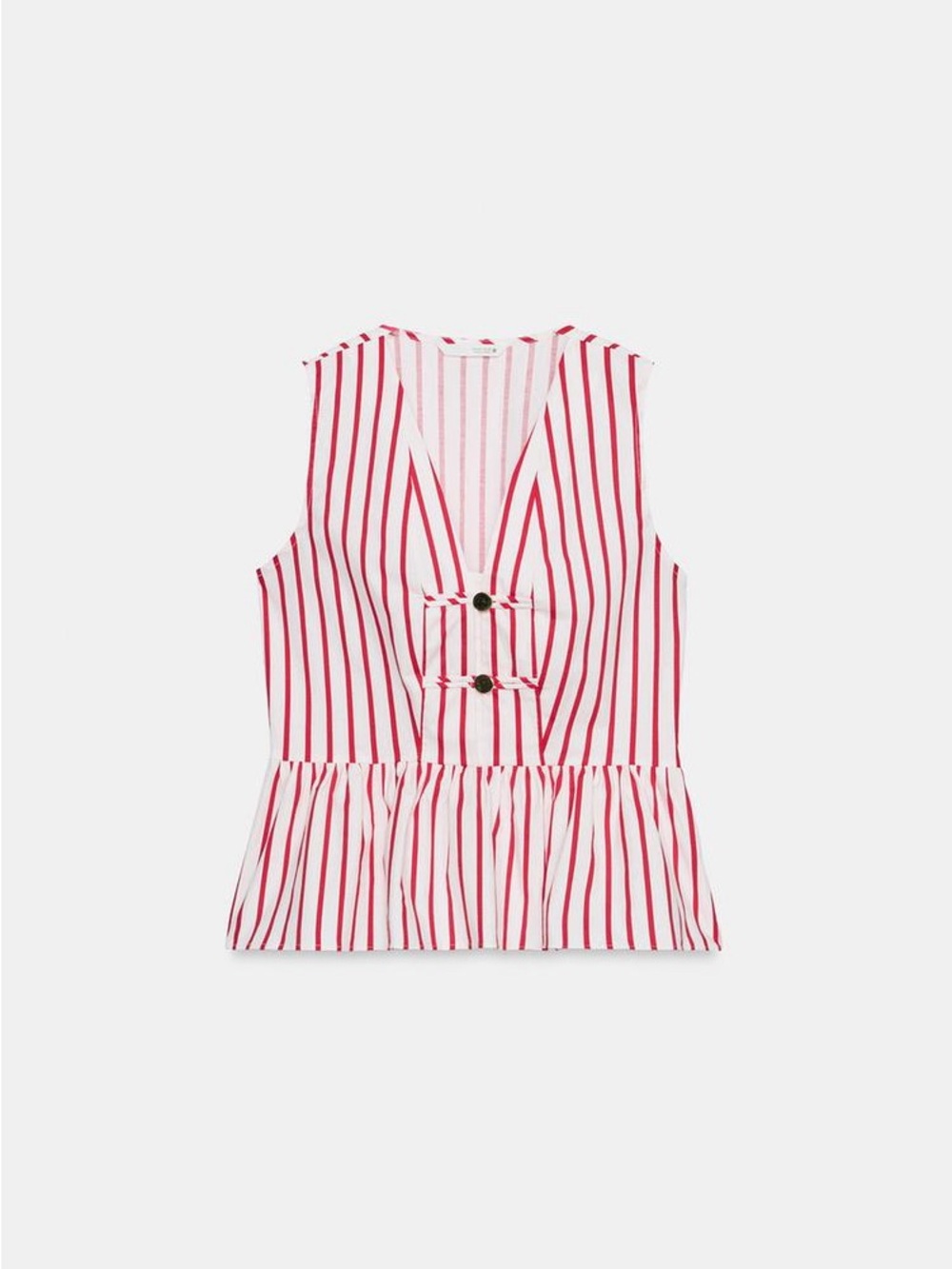 Zara Red and White Striped Sleeveless V-Neck Peplum Tank